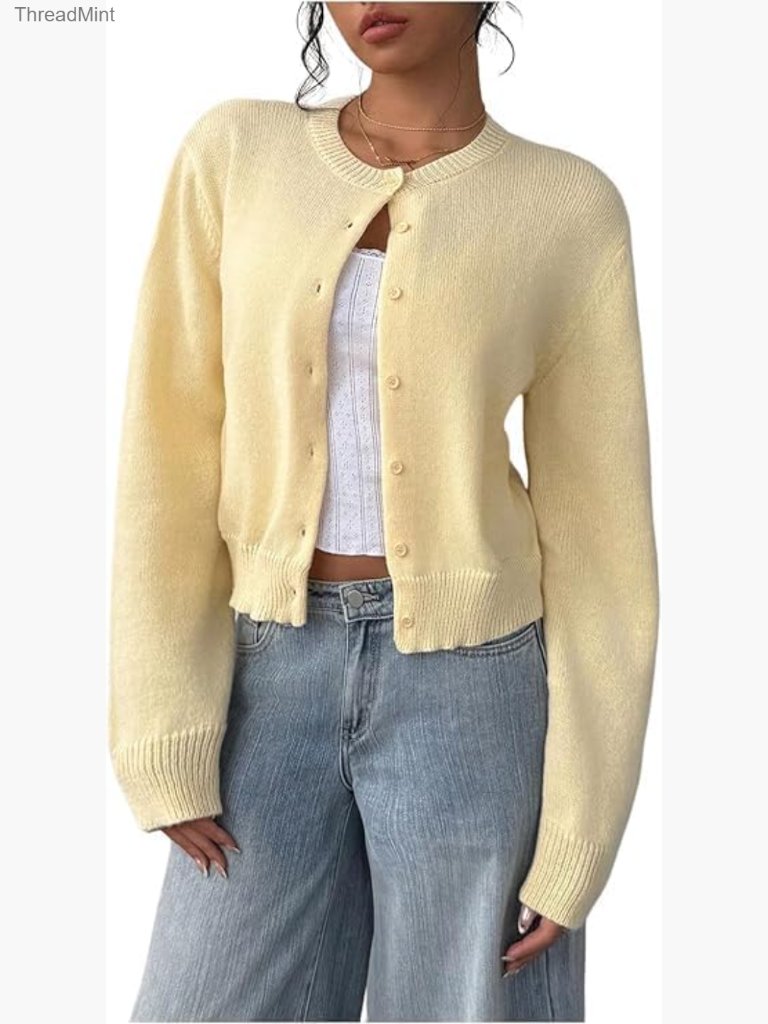 Button Down Cardigan Long Sleeve Crew Neck Lightweight Knit Sweater